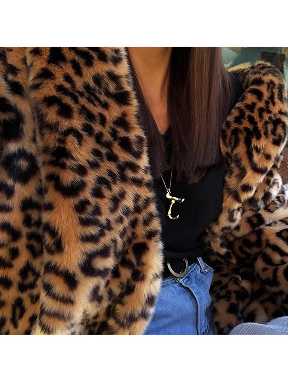 Leopard Print Faux Fur Coat - Women's Animal Print Jacket - Picture 4 of 7